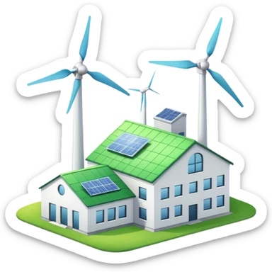 clean colorful factory with green roof and wind turbine sticker