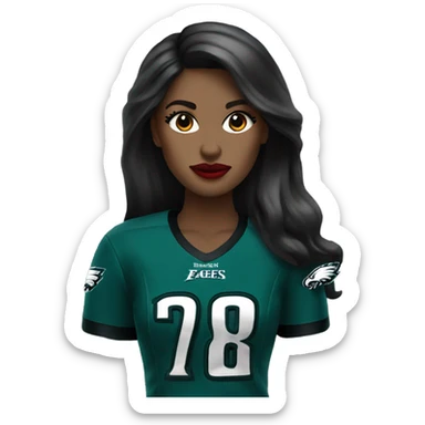 White female long dark hair red lips wearing Philadelphia Eagles jersey sticker