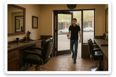 Shu odamni sartaroshxonaga kirib kelayapti  o'smirin davri rakurs ichkaridan sartaroshxona eski ham yangi ham emas bolani juda semiz qilib yuborma  u ozg'inroq bo' huddi sartaroshxonani  hammadan oldin kelib ochsin sticker