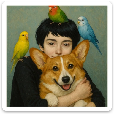 Dark short hair, dark brown eyes with pale skin and thin eyebrows girl hugging a welsh corgi. And a green-reddish lovebird on her head with yellow, blue love birds around her. sticker