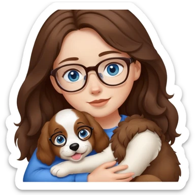 Girl with a white complexion, blue eyes, medium long wavy brown hair, wearing glasses and hugging a dog  sticker