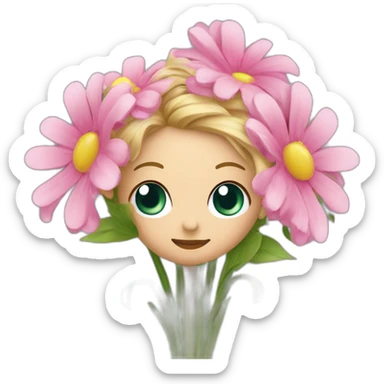 crée un emoji avec une tete de personnage avec des yeux festif et un énorme bouquet de fleur de mariage sticker