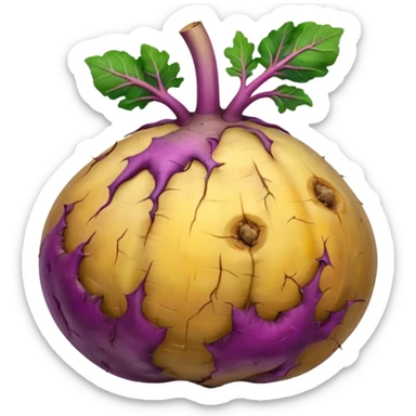 whole rutabaga root, rounded bulbous shape, rough textured skin, mottled purple beige yellow tones, trimmed stem remnants, faint root hairs, fresh earthy, soft lighting, subtle shadows, emoji scale, transparent background sticker