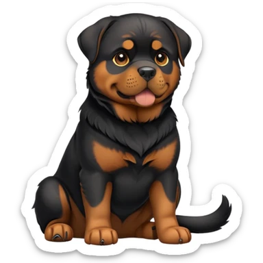 cinematic-[rottweiler]-realistic-full-body-sitting-emoji,-tail-resting-loosely-beside-its-paws,-head-tilted-dramatically, -sleek-[Black and brown]-fur,-simplified-yet-realistic-focused-features,-highly-detailed,-glowing-with-an-almost-sarcastic-glow sticker