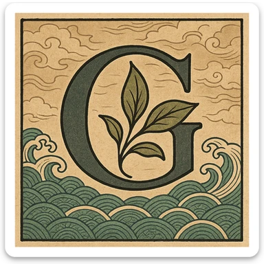logo featuring the letter G with stylized leaves, elegant Japanese-inspired design, traditional ukiyo-e background with waves or clouds sticker