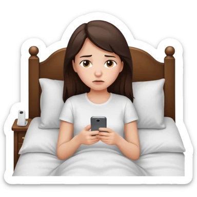 generate a girl brunette using her phone in bed. she looks sad sticker