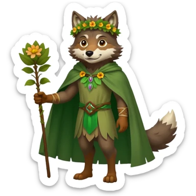 wolf dressed as a druid, flower crown, green cape, full body icon sticker