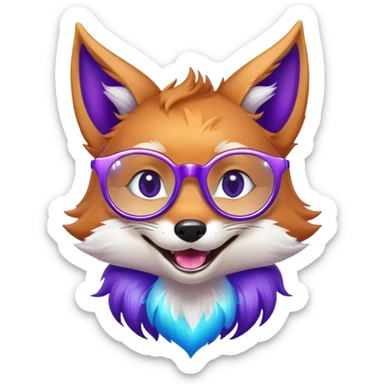 A magical fox with shimmering purple and blue fur, a glowing tail, a silver star on its forehead, and round glasses, laughing so hard that tears are streaming from its eyes sticker