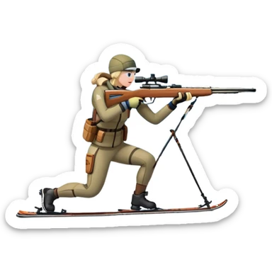 An icon showing a snowy landscape with pine trees, mountains, and a clear sky with a biathlete aiming a rifle in the foreground, wearing winter gear and skis. Transparent background emphasizes the precision, endurance, and beauty of this winter sport. sticker