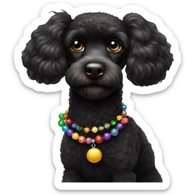 One Small Black Poodle with one  colorful bead necklaces with brown harness sticker