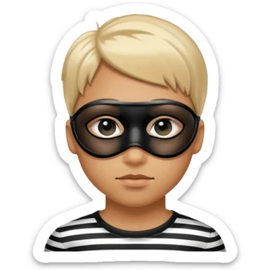 Realistic ios emoji-style portrait of a classic burglar, a black eye mask and a black-and-white striped shirt. Highly detailed, natural skin texture, soft cinematic lighting, realistic shadows, smooth gradients, clean outline, glossy reflections in the eyes.  sticker