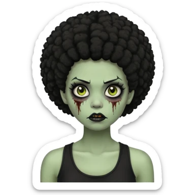 a female zombie with sage green skin, black afro hair, eyelashes and a black tank top sticker
