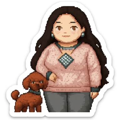 Make the woman's hair much darker and longer, reaching waist length, and increase her weight for a fuller figure, in pixel art style, with no background. sticker