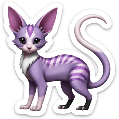 Purple, white, black, Minccino-Sphynx-Lykoi-Linoone-Zangoose-fusion-hybrid-animal-Fakémon-creature, full body, thin long sleek scaly tail, intricate markings sticker