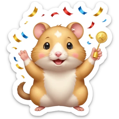 Cute cartoon-style hamster throwing confetti, holding a tiny medal, joyful expression. Painterly shading, white background, sticker-style illustration sticker