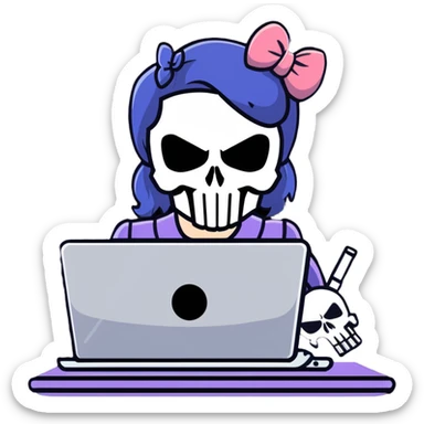 girl Punisher skull with bow typing on laptop sticker