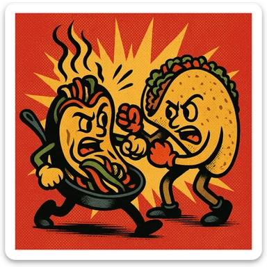 a sizzling fajita and a taco wrestling, comic style, bold outlines sticker