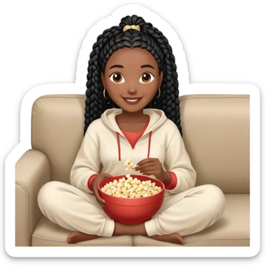 A dark-skinned Black woman with black box braids, holding a large bowl of popcorn in her lap, smiling, wearing comfy loungewear sitting on couch. sticker