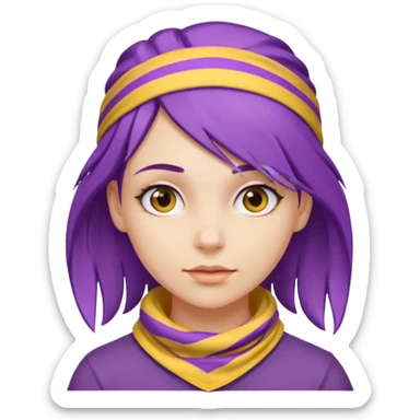 woman with a striped yellow bandana and purple hair sticker