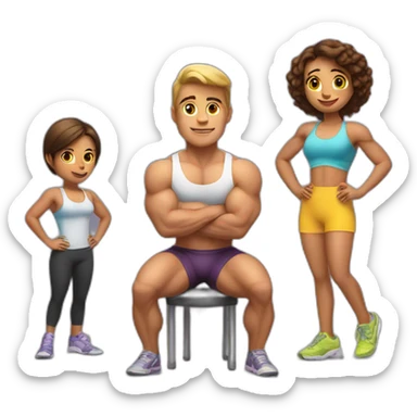 A short girl is sitting on a chair and two bodybuilders are standing behind her sticker