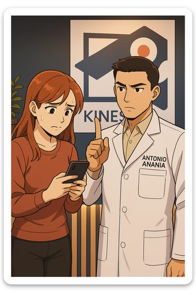 su questo stile fai un manga/webtoon a colori in cui una donna CONTROLLA LO SMARTPHONE MENTRE PARLA CON L'UOMO, l'uomo della foto in stile manga LE DICE DI "NO" CON IL DITO, mantieni un ambiente simile alla foto che ho allegato con il suo logo (sarebbe il suo studio, lui è un kinesiologo), scrivigli "ANTONIO ANANIA" sul camice bianco, non mettere fumetti, ma fai in modo che sembri che la donna CONTROLLI LO SMARTPHONE E L'UOMO CON I GESTI LE FACCIA CAPIRE CHE STA SBAGLIANDO sticker