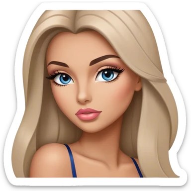 Glamours, tanned, very beautiful girl, with big pump peach-beige-rose lips, long long lashes, black straight smooth silky long hair, straight parting hair, blue-grey eyes sticker