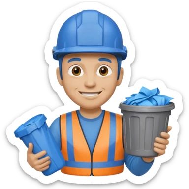 blue garbage man with blue helmet holding garbage  sticker