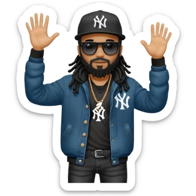 African American man with shoulder length black dreadlocks with black beard wearing black sunglasses wearing a New York Yankees logo baseball cap wearing a black bubble winter coat wearing denim skinny jeans and Timberland boots hand giving a high five sticker