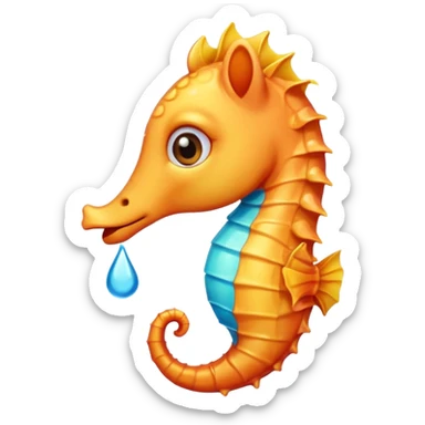 cute seahorse emoji crying with tears flowing from its eyes, sad facial expression, colorful and emotional style sticker