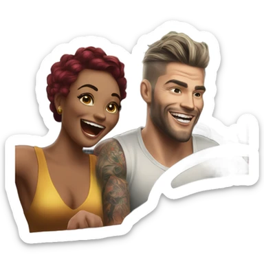Hyper Realistic beautiful woman and a handsome tattooed man laughing while driving in a fancy car sticker