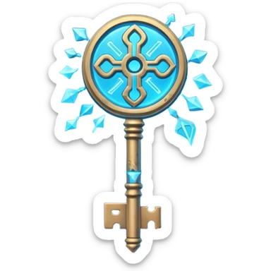 Ancient key glowing blue with runic markings, floating sticker