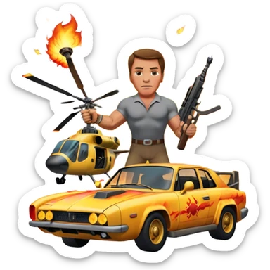Icon for Action Movies: Arnold Schwarzenegger in the lead role, in an intense action pose with weapons, explosions, a car and helicopter flying out of flames in the background. The design should capture the explosive energy and heroism of classic action films. Transparent background. sticker