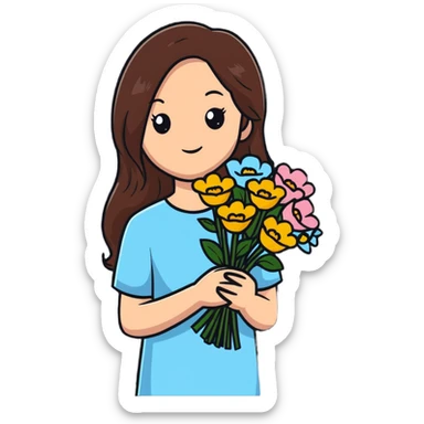 A cool girl with long brown hair and fair skin holding a bouquet of flowers sticker