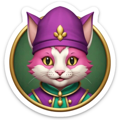 court jester cat medieval, single poker card joker clearly visible, pink, face only, round badge, court jester cap sticker