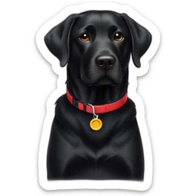 Black Labrador with a red collar sticker