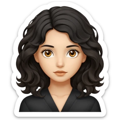 this avatar of girl has shoulder-length black wavy hair with loose curls framing the face, and a long, pointed face with golden-brown eyes and a calm, neutral expression. sticker