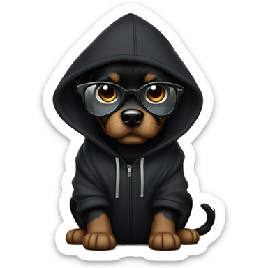 Black dog in black hoodie with oakley glass sticker