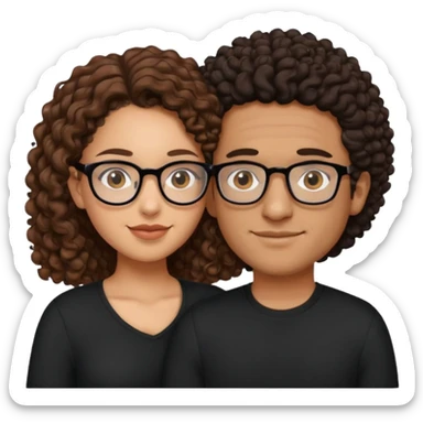 A mixed girl with glasses, the girl is wearing a black shirt, the girl has brown curly hair  and the girl has big boobs. A Mexican man is embracing her, with black bald hair sticker