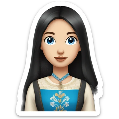 a girl with black straight long hair,blue eyes,standing,very beautiful and hot,Russian,in a folk costume sticker