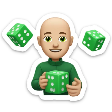 a guy with bald hair and green eyes with floating dice in hands sticker