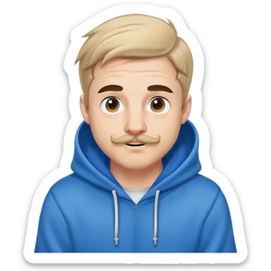 Mr. Beast wearing a blue hoodie, small ferret mustache, small light beard, playful expression sticker