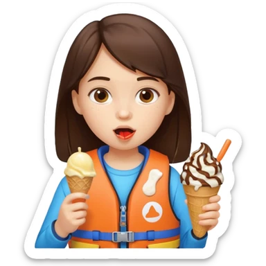 girl brunet kid wearing lifejacket, eating ice cream sticker
