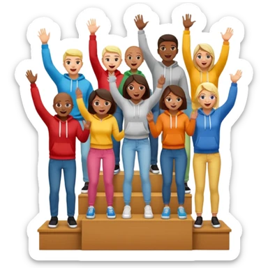 multi-racial people in colorful jeans, t-shirts, and hoodies on a brown winners’ podium, middle step higher, no numbers, excited, fun, expressive emoji style sticker
