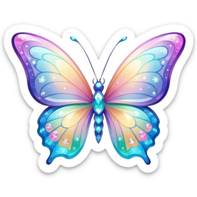 Transparent Shiny Glossy Pastel Gradient Hue Iridescent Crystal Butterfly with bright sparkles and sparkling glitter swirling around it sticker