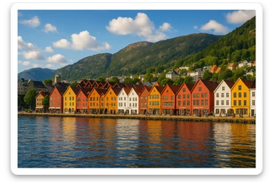 Bergen, Norway city skyline with view of water, colorful buildings, mountains in background, scenic waterfront, vibrant and inviting sticker