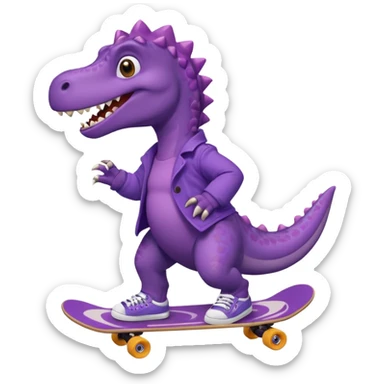 a purple dinosaur on a skateboard wearing a coat with sneakers in the bottom sticker
