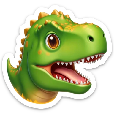 Cinematic Cute T-rex Portrait Emoji, Head tilted playfully with a big, endearing smile, featuring a compact, fierce yet friendly form with a massive head, tiny arms, and sparkling, mischievous eyes, Simplified yet irresistibly adorable features, highly detailed, glowing with a warm, inviting prehistoric glow, high shine, affectionate and lively, stylized with a touch of whimsical dinosaur charm, soft glowing outline, capturing the essence of a mischievous yet lovable T-rex that seems as if it could stomp out of the screen into your heart! sticker