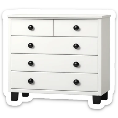 IKEA-style white 6-drawer chest with one small black knob per drawer, realistic depth, minimalist design sticker