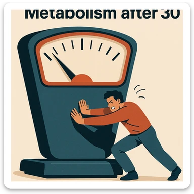 conceptual illustration of a man trying to push a large scale that doesn't move, above the scale the text 'Metabolism after 30', modern style, 4K sticker