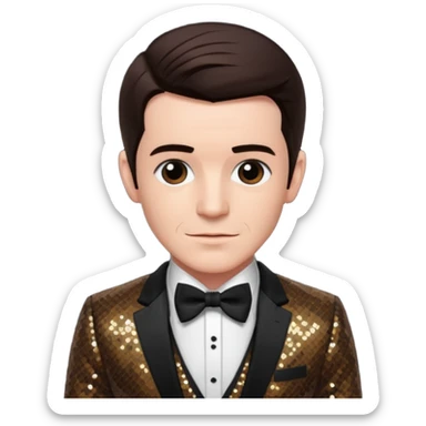 Drake Bell with dark brown hair, brown sequin suit with bow tie sticker